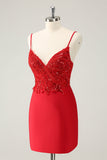 Sparkly Red Bodycon Spaghetti Straps Prom Dress with Sequins