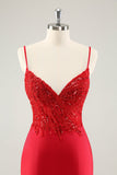 Sparkly Red Bodycon Spaghetti Straps Prom Dress with Sequins