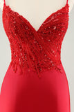 Sparkly Red Bodycon Spaghetti Straps Prom Dress with Sequins