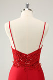 Sparkly Red Bodycon Spaghetti Straps Prom Dress with Sequins