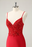 Sparkly Red Bodycon Spaghetti Straps Prom Dress with Sequins