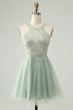 Dusty Green Halter Sequins A Line Short Prom Dress