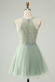 Dusty Green Halter Sequins A Line Short Prom Dress