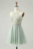 Dusty Green Halter Sequins A Line Short Prom Dress