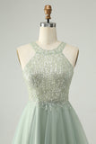 Dusty Green Halter Sequins A Line Short Prom Dress