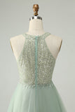 Dusty Green Halter Sequins A Line Short Prom Dress