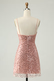 Sparkly Blush Spaghetti Straps Sequins A Line Short Prom Dress