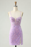 Sparkly Lilac Sequins Bodycon Mini Prom Dress with Slit