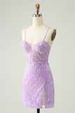 Sparkly Lilac Sequins Bodycon Mini Prom Dress with Slit