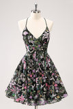 Sparkly Black A Line Floral Short Prom Dress with Sequins