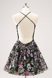 Sparkly Black A Line Floral Short Prom Dress with Sequins