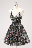 Sparkly Black A Line Floral Short Prom Dress with Sequins