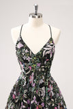 Sparkly Black A Line Floral Short Prom Dress with Sequins