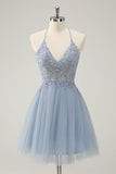 Sparkly Dusty Blue A Line Halter Prom Dress with Appliques