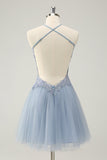 Sparkly Dusty Blue A Line Halter Prom Dress with Appliques