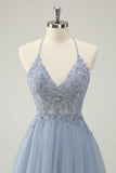 Sparkly Dusty Blue A Line Halter Prom Dress with Appliques