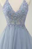 Sparkly Dusty Blue A Line Halter Prom Dress with Appliques