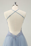 Sparkly Dusty Blue A Line Halter Prom Dress with Appliques