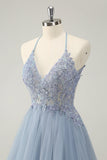 Sparkly Dusty Blue A Line Halter Prom Dress with Appliques