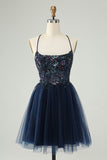 Glitter Navy A-Line Sequined Tulle Prom Dress