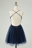 Glitter Navy A-Line Sequined Tulle Prom Dress