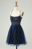 Glitter Navy A-Line Sequined Tulle Prom Dress