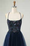 Glitter Navy A-Line Sequined Tulle Prom Dress