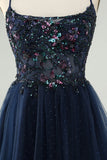 Glitter Navy A-Line Sequined Tulle Prom Dress