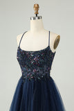 Glitter Navy A-Line Sequined Tulle Prom Dress