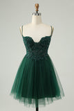 Glitter Dark Green A-Line Beaded Appliques Tulle Prom Dress