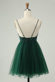 Glitter Dark Green A-Line Beaded Appliques Tulle Prom Dress