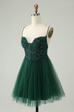 Glitter Dark Green A-Line Beaded Appliques Tulle Prom Dress