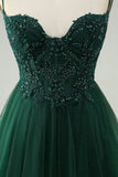 Glitter Dark Green A-Line Beaded Appliques Tulle Prom Dress