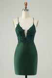 Glitter Dark Green Tight V Neck Beaded Prom Dress