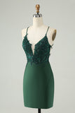 Glitter Dark Green Tight V Neck Beaded Prom Dress