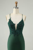 Glitter Dark Green Tight V Neck Beaded Prom Dress