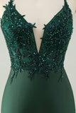 Glitter Dark Green Tight V Neck Beaded Prom Dress