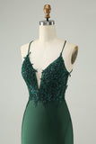 Glitter Dark Green Tight V Neck Beaded Prom Dress