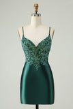 Sparkly Dark Green Tight V Neck Short Prom Dress with Sequins