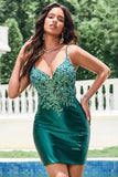 Sparkly Dark Green Tight V Neck Short Prom Dress with Sequins