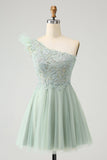 Cute Dusty Sage A Line One Shoulder Tulle Prom Dress with Appliques