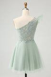 Cute Dusty Sage A Line One Shoulder Tulle Prom Dress with Appliques