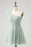 Cute Dusty Sage A Line One Shoulder Tulle Prom Dress with Appliques