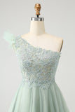 Cute Dusty Sage A Line One Shoulder Tulle Prom Dress with Appliques