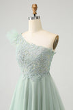 Cute Dusty Sage A Line One Shoulder Tulle Prom Dress with Appliques