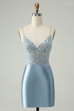 Glitter Dusty Blue Beaded Floral Tight Satin Prom Dress