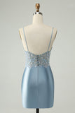 Glitter Dusty Blue Beaded Floral Tight Satin Prom Dress