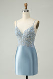 Glitter Dusty Blue Beaded Floral Tight Satin Prom Dress