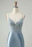 Glitter Dusty Blue Beaded Floral Tight Satin Prom Dress