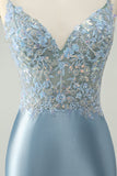 Glitter Dusty Blue Beaded Floral Tight Satin Prom Dress